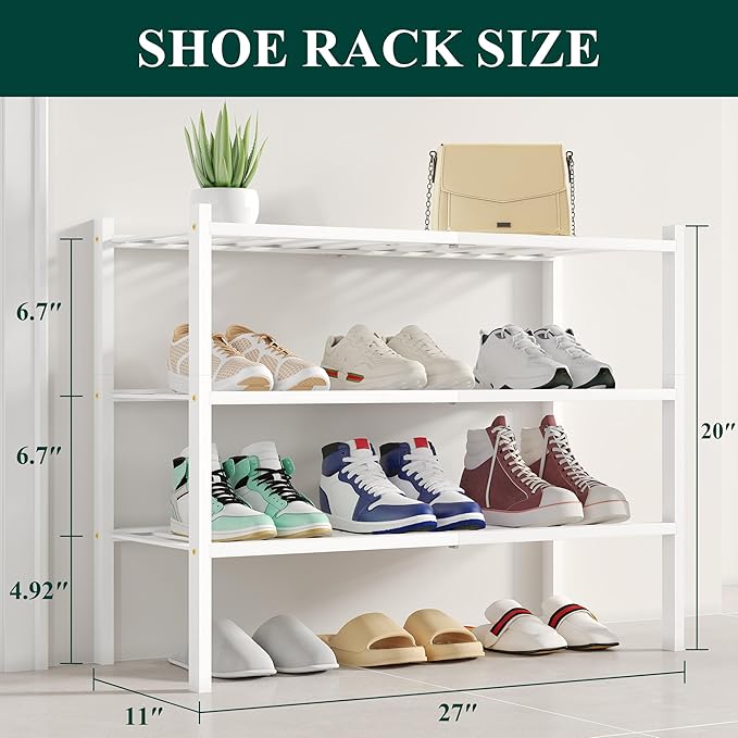 Smiry Bamboo Shoe Rack, 3 Tier Free Standing Wooden Shoe Organizer, Stackable Wood Shoe Storage Shelf for Closet, Entryway, 12 Vertical Slats, 2+1 Stack Standard Legs, 26.8"x11"x19.5", White