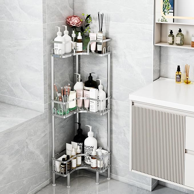Standing Shower Corner Caddy, 3-Tier Stainless Steel Material Shower Organizer with 12 Hooks - Space Saving Corner Shelf with Adjustable Feet for Bathroom, Compact Spaces(Sliver, 3 Tiers)