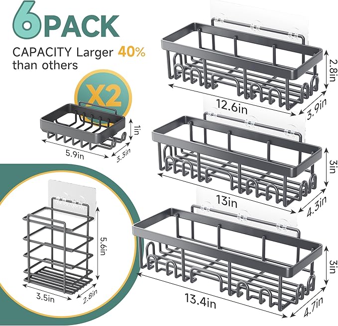 Rustproof & Waterproof Shower Caddy 6-Pack, Dark Grey