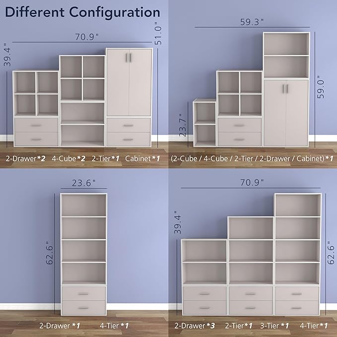 Homes: Inside + Out Apexa 4-Cube Storage Organizer Shelves, Stackable Wood Bookcase Fits Cubby Bins for Organization, Dorm Teen Room Decor & Home Office, Taupe Grey