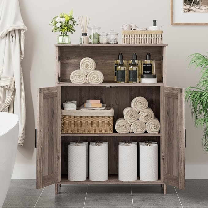 Homhedy Farmhouse Bathroom Storage Cabinet with 2 Doors, Toilet Paper Cabinet with Adjustable Shelf, Small Bathroom Cabinet for Kitchen/Laundry/Living Room, 11.8 x 23.6 x 31.5 Inches, Greige