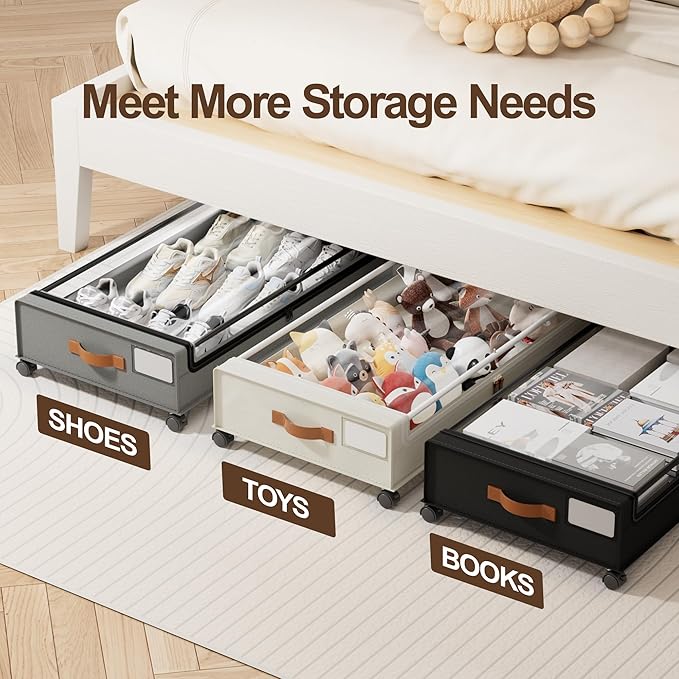 LAMU Under Bed Storage with Wheels, 4 Pack Under Bed Storage Containers with Clear Lid, XXL 60 L Underbed Storage Bins, Rolling Under Bed Metal Drawers for Clothes, Blankets, Shoes, Black