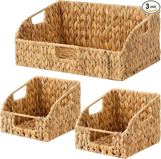 StorageWorks Water Hyacinth Pantry Storage Baskets, Wicker Baskets with Built-in Handles, Handwoven Shelf Baskets for Organizing, Pantry Organizers and Storage, 3 Pack