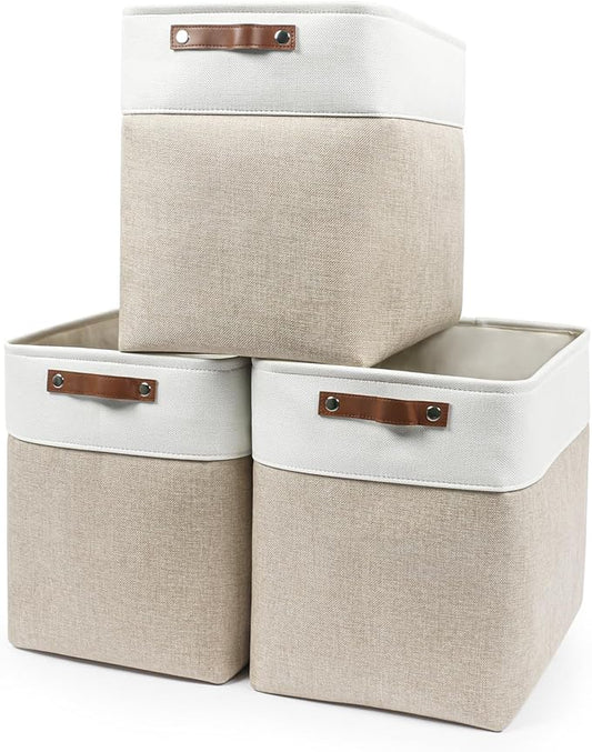 Large Fabric Storage Baskets, 50L Storage Bins, Beige&White