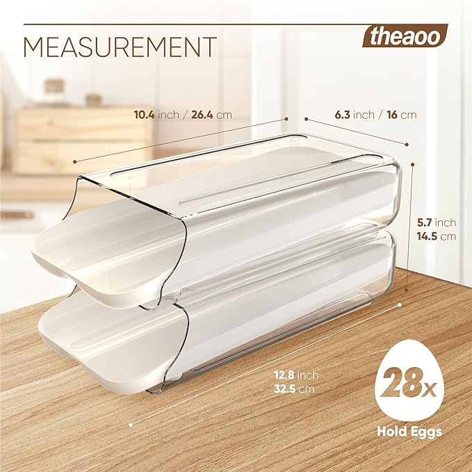 theaoo Egg Holder for Fridge, Automatic Rolling Egg Container for Refrigerator, Clear Plastic Egg Dispenser, Stackable Eggs Organizer with Quick Removable inner Tray For Organizers and Storage, 2 Pack