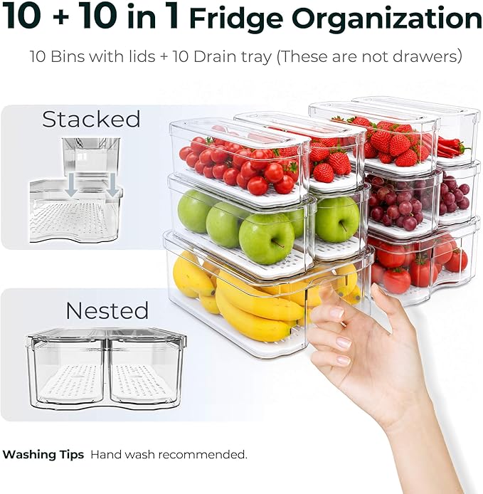 SMRCAD 10 Pack Refrigerator Organizers, Clear Container and Organizer Bins with Lids, Stackable Storage Containers for Fruits, Vegetable (Set of 10)