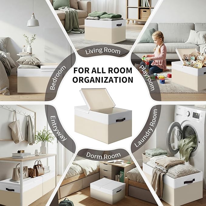 2 Pack EXTRA LARGE Blanket Storage Baskets with Lids, 22”x16”x12” Closet Organizers Bins for Clothes Towel/ Toy Storage Box with Lid Handles/ Stackable Decorative Fabric Bins for Living Room, Nursery