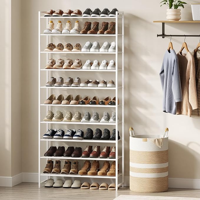 Nunsino Shoe Rack for Closet, Metal Shoe Organizer, 10 Tier Garage Shoe Rack Max Holds 50 Pairs,Shoe Storage Shelf,Entryway,White