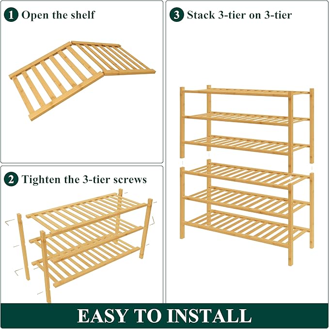 Smiry Bamboo Shoe Rack for Closet, 6 Tier Wooden Shoe Organizer, Stackable Wood Shoe Storage Shelf for Entryway, 14 Vertical Slats, 3+3 Stack Heavy-Duty Legs, 26.77"x11.02"x36.61", Natural
