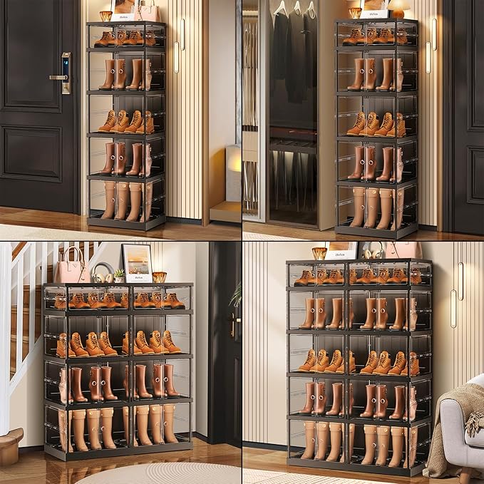 CIMLORD 4-Tier Foldable Shoe Rack for Closet Entryway 8-16Pairs,Stackable Clear Shoe Storage Boxes Organizer with Door Plastic Shoe Cabinet Bins with Lids Shoes Shelf Easy Assembly Large Black