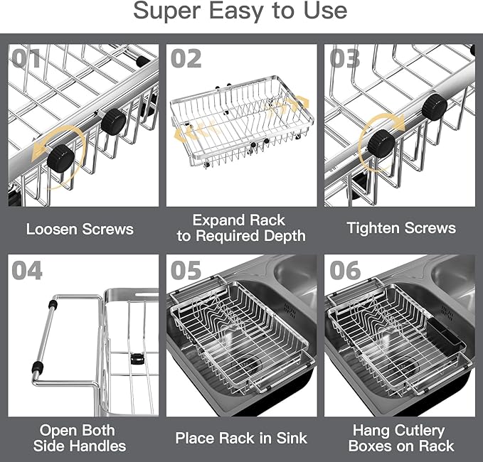 MAJALiS Dish Drying Rack Over The Sink, Expandable Stainless Steel Dish Drainer for Small Kitchen Counter Space Saving, RV Compact Plate Strainer In Silver Metal with Hanging Adjustable Utensil Holder