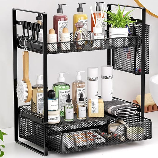 2 Tier Bathroom Organizer Countertop with Drawer, Black