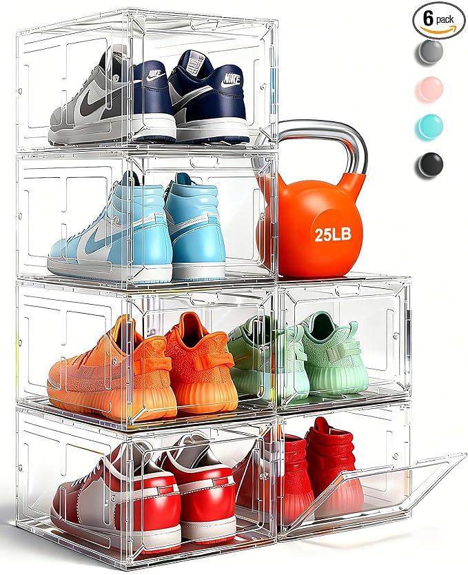 Thick & Sturdy Clear Shoe Boxes with Magnetic Front Door, Stackable Plastic Sneaker Storage Organizer for Closet, Space-Saving Foldable Shoe Containers for Boots & Heels, Durable Shoe Cabinet, 6 Pack