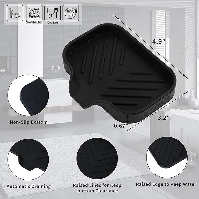 MicoYang Silicone Soap Dish with Drain Spout — Self-Draining Sink Organizer Tray for Bathroom & Kitchen, Holds Bar Soap, Sponges & Dispensers, Non-Slip & Dishwasher Safe, Black (Small, 4.9"×3.2")