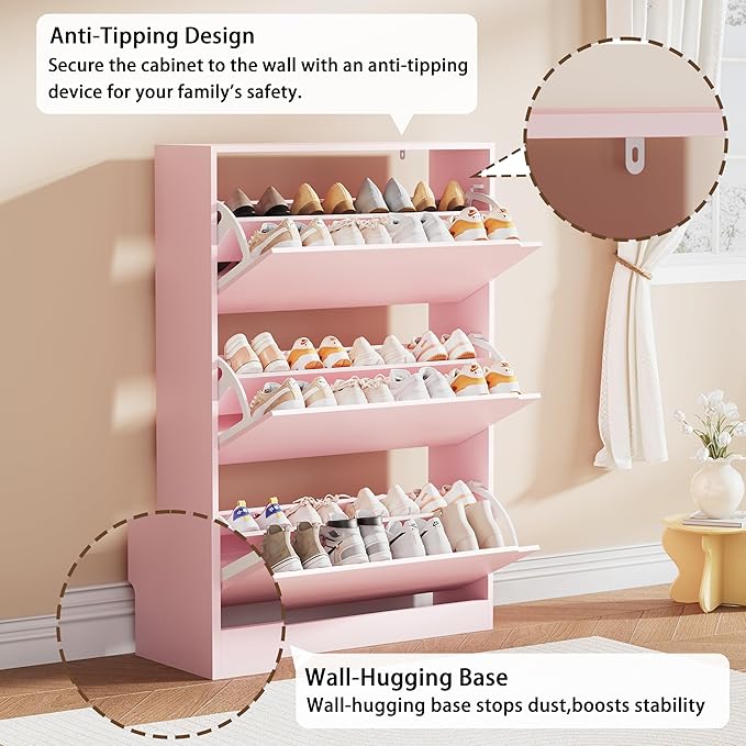 Shoe Storage Cabinet, Wood Shoe Organizer for Entryway with 3 Flip Drawers, Freestanding Shoe Rack with Adjustable Shelf, Narrow Shoe Dresser for Front Door Entrance(Pink, 47.2" x 31.5" x 9.25")