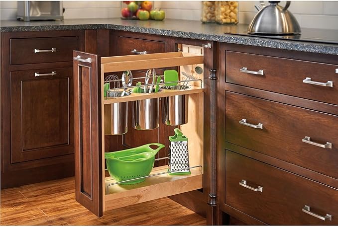 Rev-A-Shelf 8 in. Pull Out Storage Organizer for Base Kitchen Cabinets w/Soft-Close, Sliding Shelves for Utilities, Utensils or Spices, Maple, 448UT-BCSC-8C