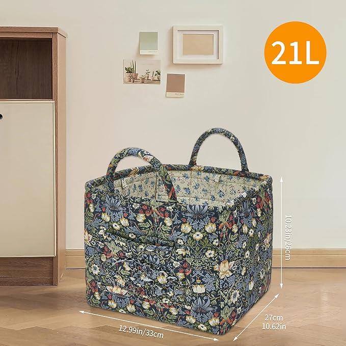 Quilted Fabric Storage Baskets with Handles, Blue