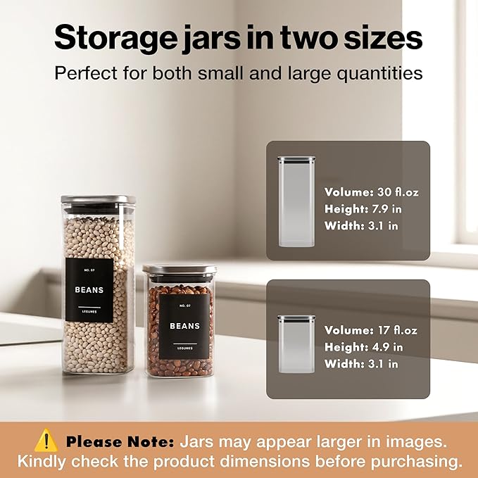 EDELHAUS Square Glass Storage Containers with Stainless Steel Lids 12-Pack (4x 30 oz, 8x 17 oz) Glass Storage Jars with Lids for Food, Stackable Glass Kitchen Canisters with 114 Labels for Pantry