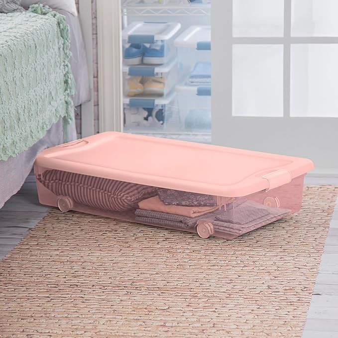 Sterilite 8 Pack Wheeled Under Bed Storage Container, 56 Qt Plastic Bin w/Latching Lid for Organization - Clothes & Shoes Organizer, Pearl Blush Tint