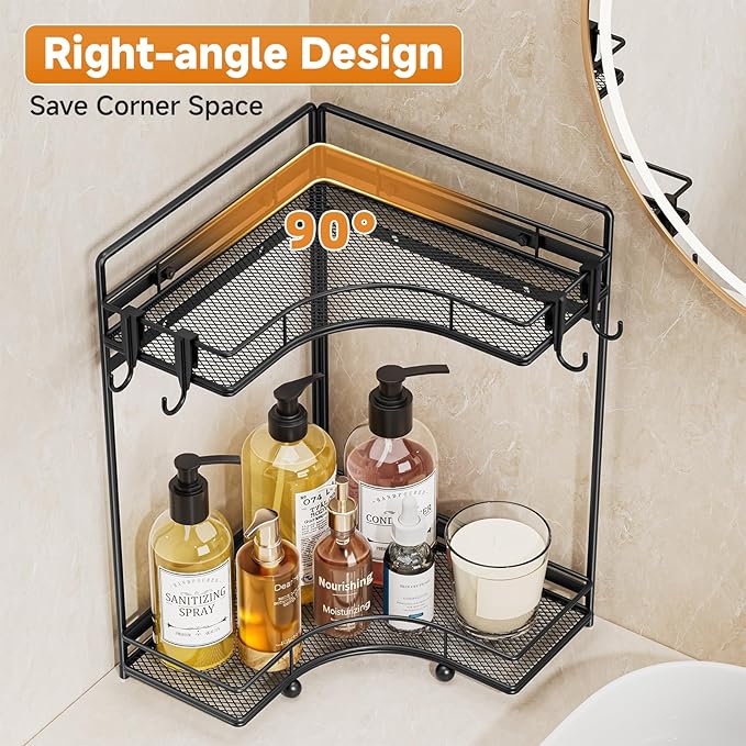 VITVITI 2-Tier Corner Bathroom Counter Organizer, Bathroom Countertop Organizer Storage for Sink, Metal Mesh Makeup Organizer for Vanity Countertop Kitchen with Hooks, Black