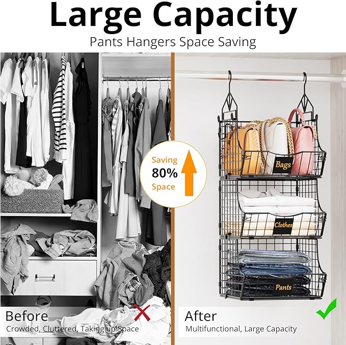 Hanging Closet Organizers and Storage, 3 Tier Closet Shelf Clothes Organizer with 2 S-Hooks, Multi-Functional Iron Wire Baskets, for Clothing, Sweaters, Handbags, Hat, Canned