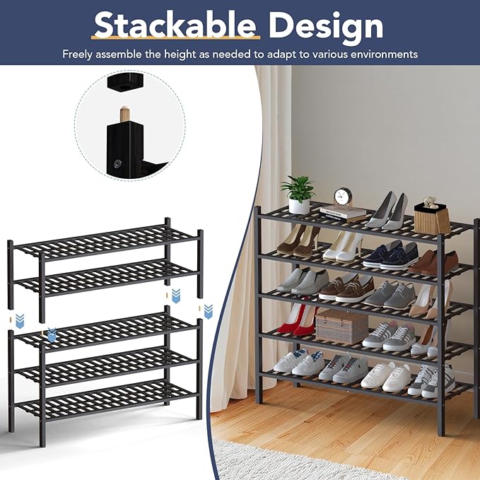 Haddockway Long 2 Tier Bamboo Shoe Rack Storage Organizer, Multifunctional Free Standing Stackable Shoe Shelf with Grid Panel for Closet,Hallway,Entryway,Small Space 34.2"x11"x13"