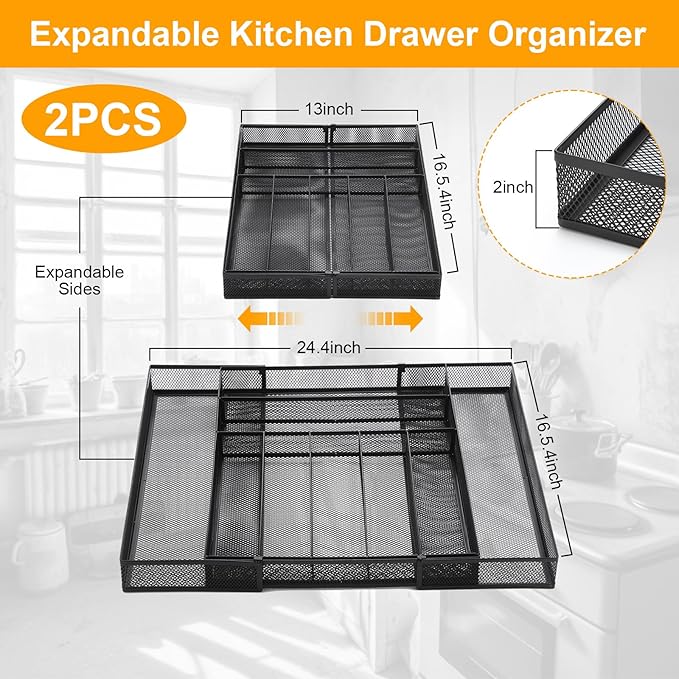 2 Pcs Utensil Drawer Silverware Organizer, Black