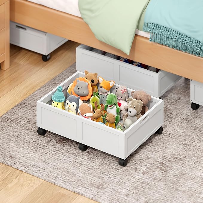WISUCART Wood Under Bed Storage Containers Underbed Organizer with Wheels Sturdy Wood Rolling Under Bed Shoe Storage Organizer 2 Packs (White, Small)
