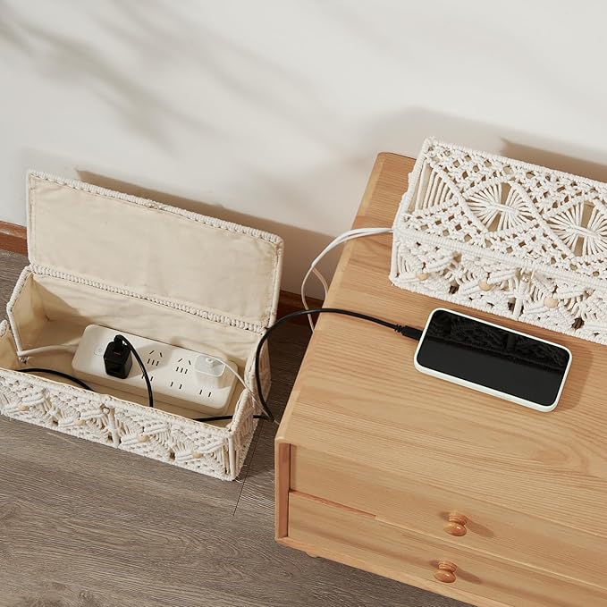 2PCS Cable Management Boxes Handmade Macrame Cord Storage Organizer Power Strips Outlet Router TV Wire Hider Cover Under Desk Natural Cotton Rope Woven Box with Lid (1 Large 1 Medium)