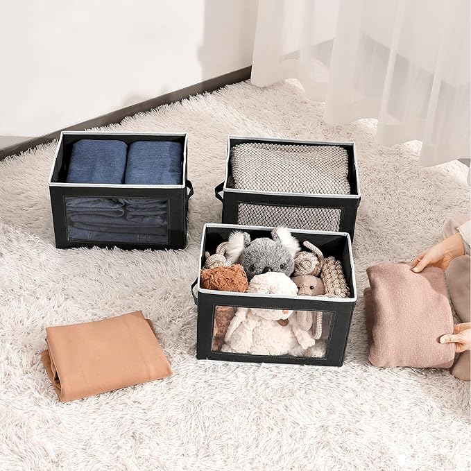 Homsorout Storage Boxes with Lids, Collapsible Storage Bins with Handles, Closet Storage Baskets with Window, Fabric Storage Containers for Organizing Clothes, Towels, Books, 3 Packs, Black