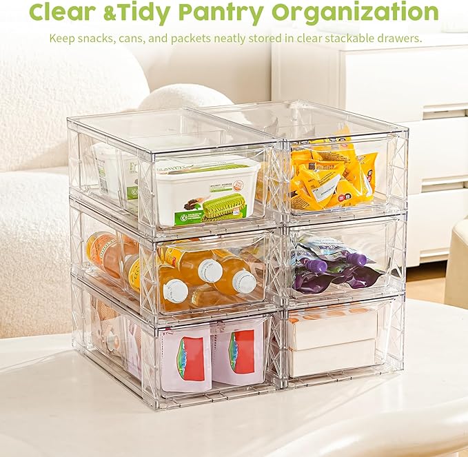 6Pack Acrylic Storage Drawers, Clear Stackable Storage Drawers, Acrylic Storage Bins with Drawers for Fridge Organizers, PlasticDrawers Stackable for Makeup Organizers Cosmetic Display, Medium