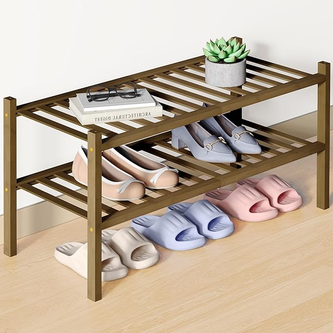 Smiry Bamboo Shoe Rack for Closet, 2 Tier Wooden Shoe Organizer, Stackable Wood Shoe Storage Shelf for Entryway, 14 Vertical Slats, One-piece Heavy-Duty Legs, 26.77"x11.02"x12.99", Walnut
