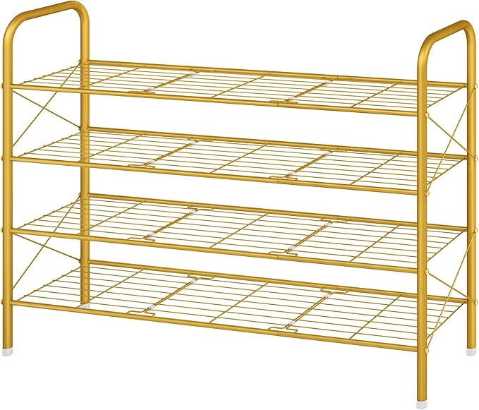 Hoctieon 4 Tier Mesh Style Shoe Rack, Entryway Shoe Shelf, Shoe Storage Organizer, Shoe Rack for Closet, Space Save for Bathroom, Garage, Hallway, Bedroom, Living Room, Gold