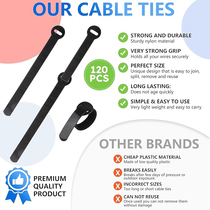 120 PCS 5/6/8 Inch Reusable Cable Ties for Cords – Data Cable Organizer Ties – Cord Wraps for Charging Cords – Electrical Wire Straps, Black