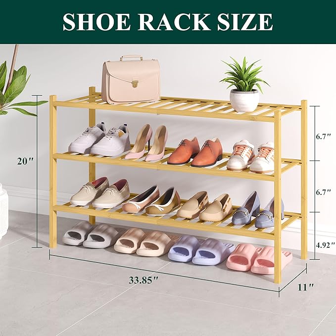 Smiry Bamboo Shoe Rack for Closet, 3 Tier Long Wooden Shoe Organizer, Stackable Wood Shoe Storage Shelf for Entryway, 14 Vertical Slats, One-piece Heavy-Duty Legs, 33.86"x11.02"x18.31", Natural