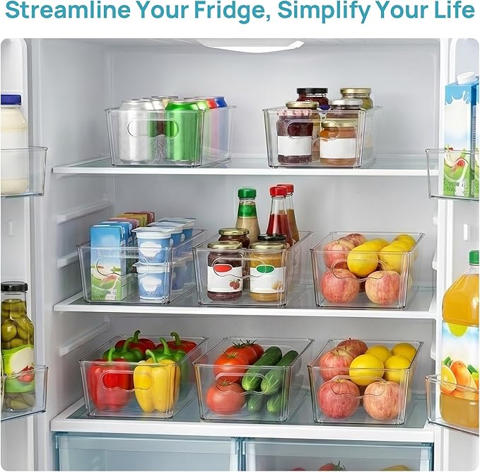 Vtopmart 8pcs Clear Organizers and Storage Bins, Plastic Storage Containers with Handles for Fridge, Freezer, Pantry, Cabinet, Kitchen Organization