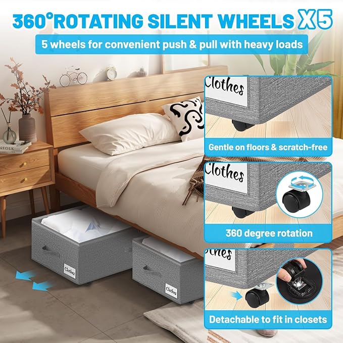 Under Bed Storage with Wheels, 2-Pack 10" Height XXL 75L Rolling Storage Bins, Quick Assembly Underbed Shoe Storage Containers with Clear Lid & Label, Dorm Under Bed Drawers for Clothes, Shoes, Grey