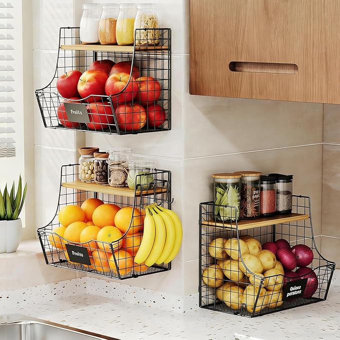 3 Pack wire Fruit Basket for Kitchen with Wood Lid - Counter&Wall Mounted Onion and Potato Storage with Nameplate, Hanging Baskets for Vegetable,11.81 * 10.63 * 8.66 Inch