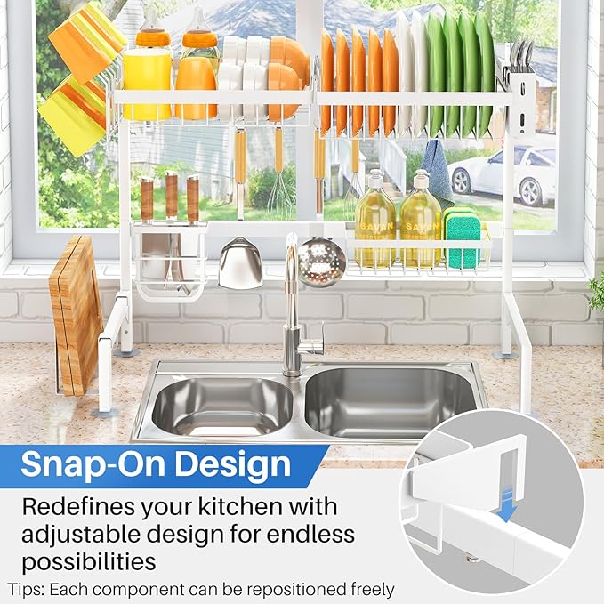 SNTD Over The Sink Dish Drying Rack - Adjustable Dish Rack for Kitchen Counter, Metal (White)