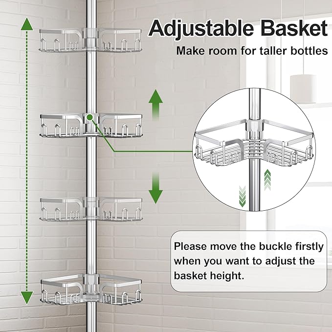 Corner Shower Caddy Tension Pole 4 Tier Adjustable Stainless Steel Shower Shelf for Inside Shower Bathtub Shampoo,Standing Bathroom Organizer Shelves with 39 to 113 inch Height