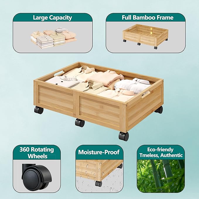 WISUCART Wood Under Bed Storage Containers Underbed Organizer with Wheels Sturdy Wood Rolling Under Bed Shoe Storage Organizer 2 Packs (Nature, Small)