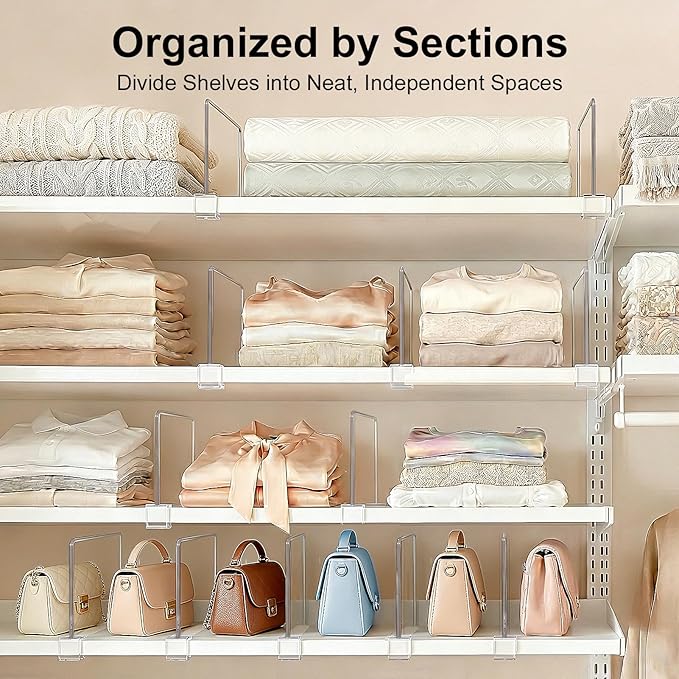 Purse Organizer for Closet Shelf Dividers: 6-inch Tall(Shorter Version) Adjustable Clear Acrylic Bag Storage Organizer for Handbags, Sweaters, Towels, Jeans and Shoes on Wood Shelves 6-Pack