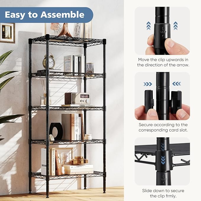 DUMOS 5-Tier Metal Wire Storage Shelves, Adjustable Standing Storage Rack Shelf, Heavy Duty Steel Shelving Unit Organizers for Kitchen Bathroom Pantry Garage, 23.2" W×13.4" D×59.8" H, Black