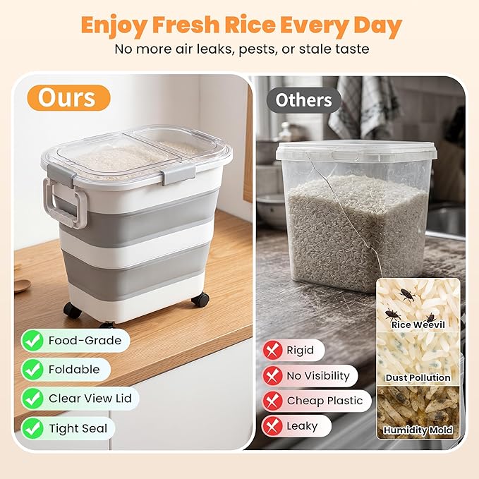 30 Lbs Rice Storage Container with Wheels, Collapsible Airtight Food Storage Container with Transparent Lid, Measuring Cup, Scoop, Handle, BPA Free Rice Holder for Pet Food, Grain, and Bird Seed