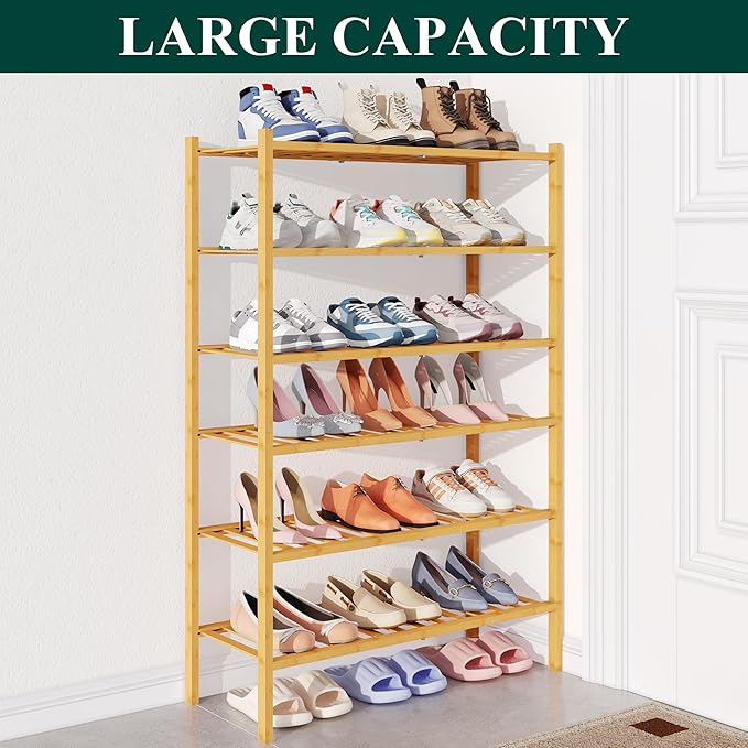 Smiry Bamboo Shoe Rack for Closet, 6 Tier Wooden Shoe Organizer, Stackable Wood Shoe Storage Shelf for Entryway, 14 Vertical Slats, 3+3 Stack Heavy-Duty Legs, 26.77"x11.02"x36.61", Natural