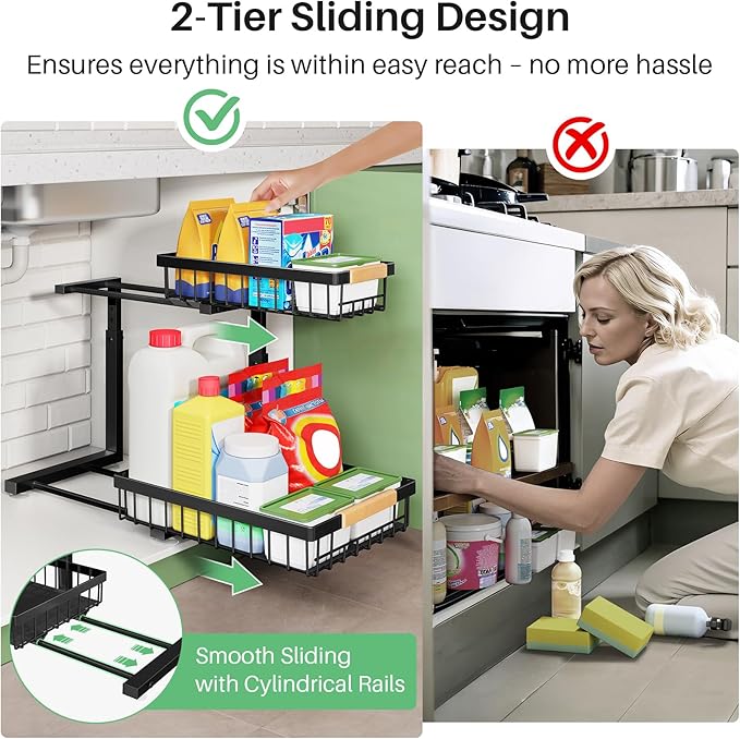 Kitstorack Under Sink Organizer, 2 Tier Under the Sink Storage, Slide out Pull out Cabinet Organizer Shelf, Metal Sliding Drawer for Kitchen Bathroom Pantry Closet Organization Rack, Black, 2 Pack