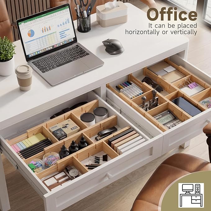 Bamboo Drawer Dividers, Expandable Kitchen Drawer Organizer, Include 4 Dividers, 4 Small Inserts and 4 Medium Inserts for Home, Office, Dressers