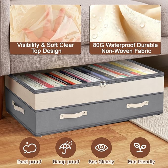 Dolicer 4 Pack Under Bed Storage with Wheels, 6in-10in Height Adjustable Underbed Storage Containers, 92L XXXL Under Bed Drawers Rolling Bin with Clear Lids for Dorm Shoes Clothes Organizers(Grey)