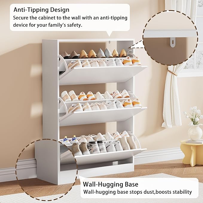 Shoe Storage Cabinet, Wood Shoe Organizer for Entryway with 3 Flip Drawers, Freestanding Shoe Rack with Adjustable Shelf, Narrow Shoe Dresser for Front Door Entrance(White, 47.2" x 31.5" x 9.25")