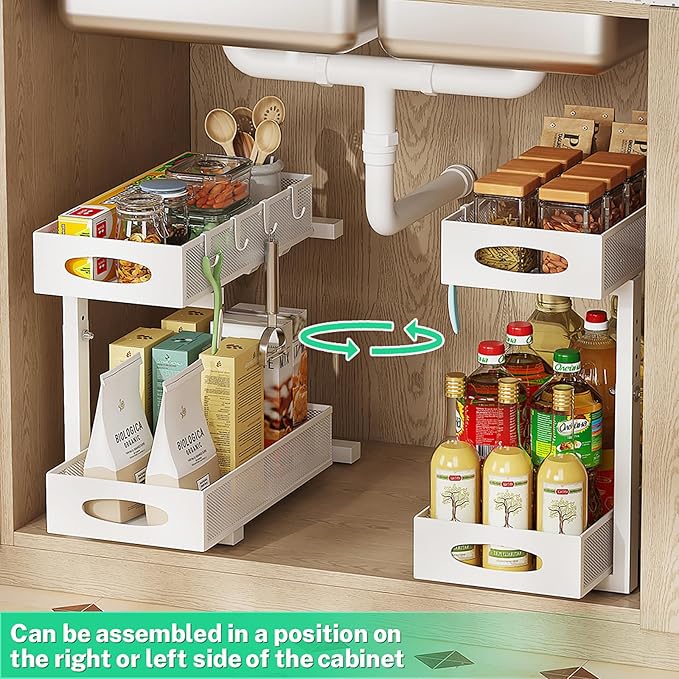 1 Pack Under Sink Pull Out Organizer, 2-Tier Adjustable Height Carbon Steel Storage Rack for Kitchen and Bathroom Cabinet, White